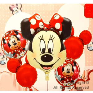 SET DE GLOBOS METALIZADO MINNIE CON OREJAS ROJAS 5 UNIDADES 